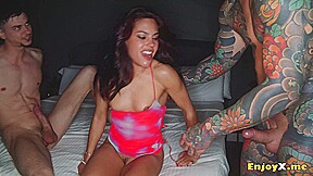 Horny bitch Apolonia Lapiedra gets dp'd in her moist slots by two bbg dudes in a raunchy 3some.